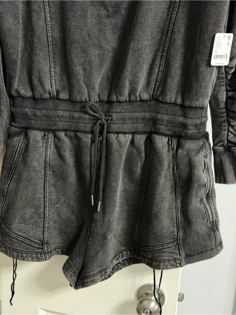 Washed Charcoal V-Neck Drawstring Sweatshirt Romper NWT - Picture 3 of 10